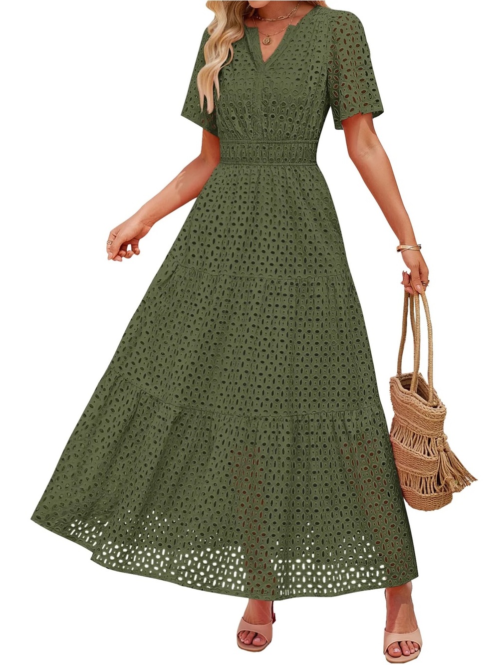 ZESICA V NECK HOLLOW OUT EYELET RUFFLE SWING A LINE LONG DRESSES Size XL
